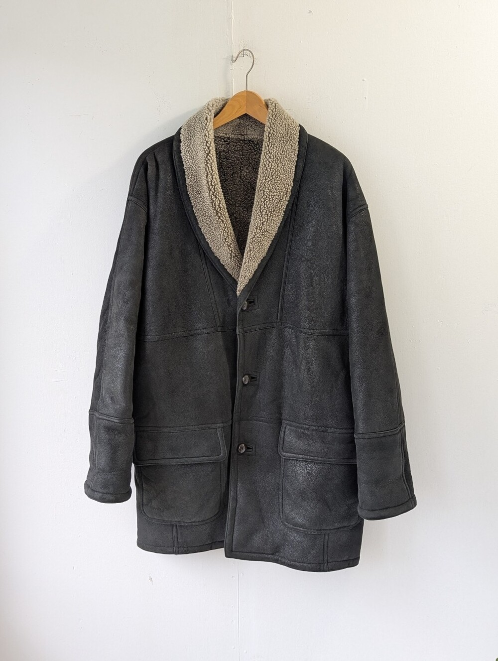 Vintage Avenue Mode Faux Leather Shearling Shawl Collar Coat Black Men's Size 42